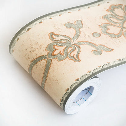Self-adhesive wallpaper border roll, beige with blue-orange floral Chinese-knot design