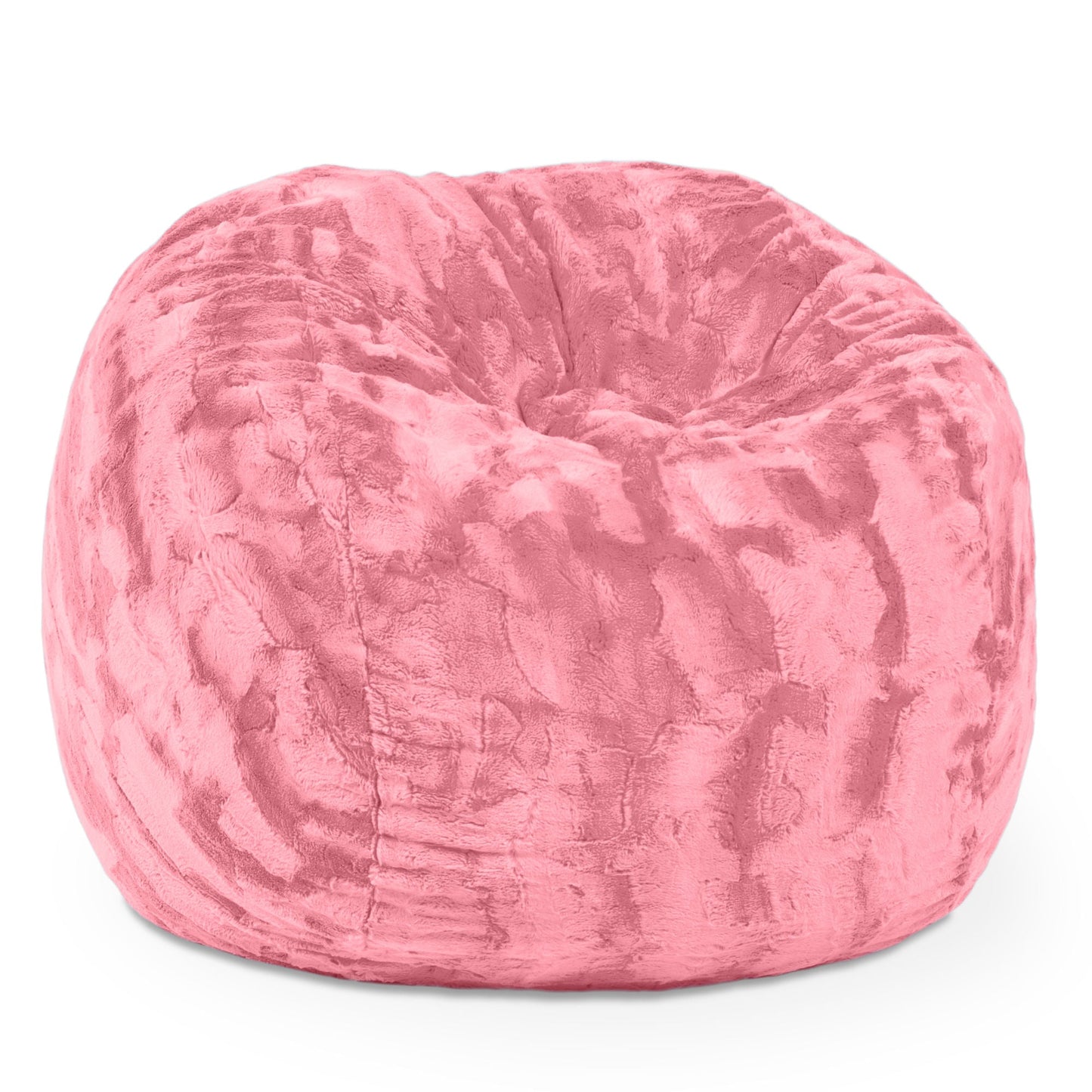 Rose Quartz faux fur bean bag chair with rounded, domed 3-foot shape.