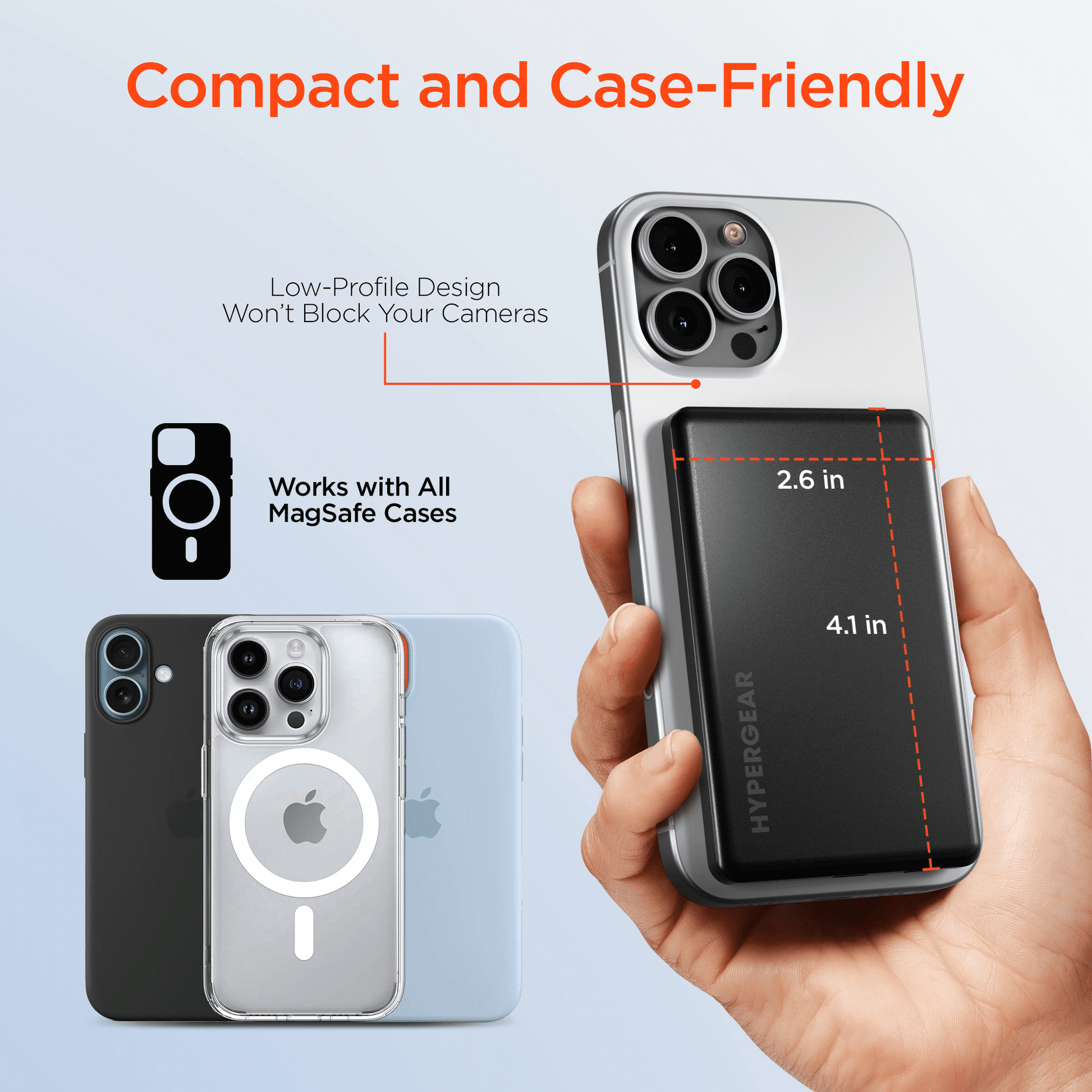 Black slim magnetic power bank held in hand beside a smartphone