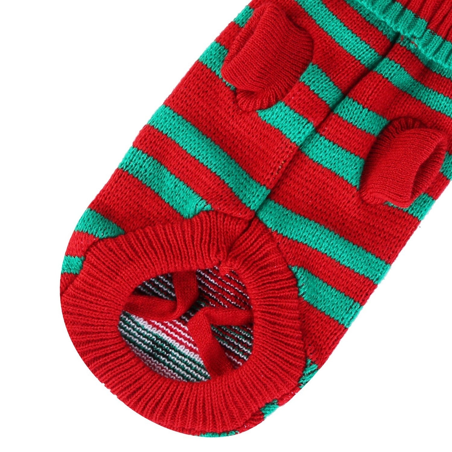 Red knit pet turtleneck sweater with green striped bands and striped tail opening
