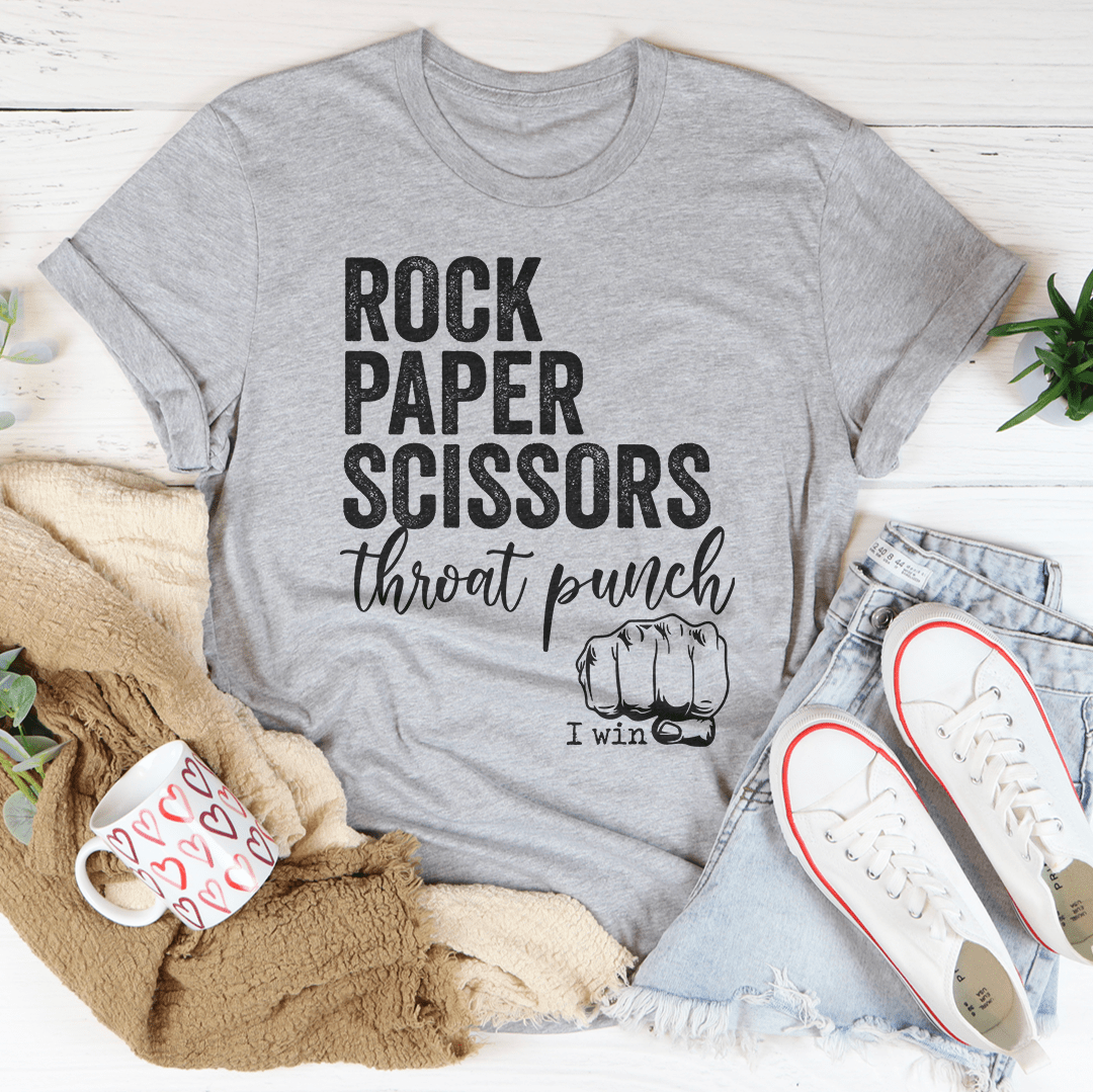 Gray crewneck T-shirt with Rock Paper Scissors graphic, 'throat punch' and 'I win'
