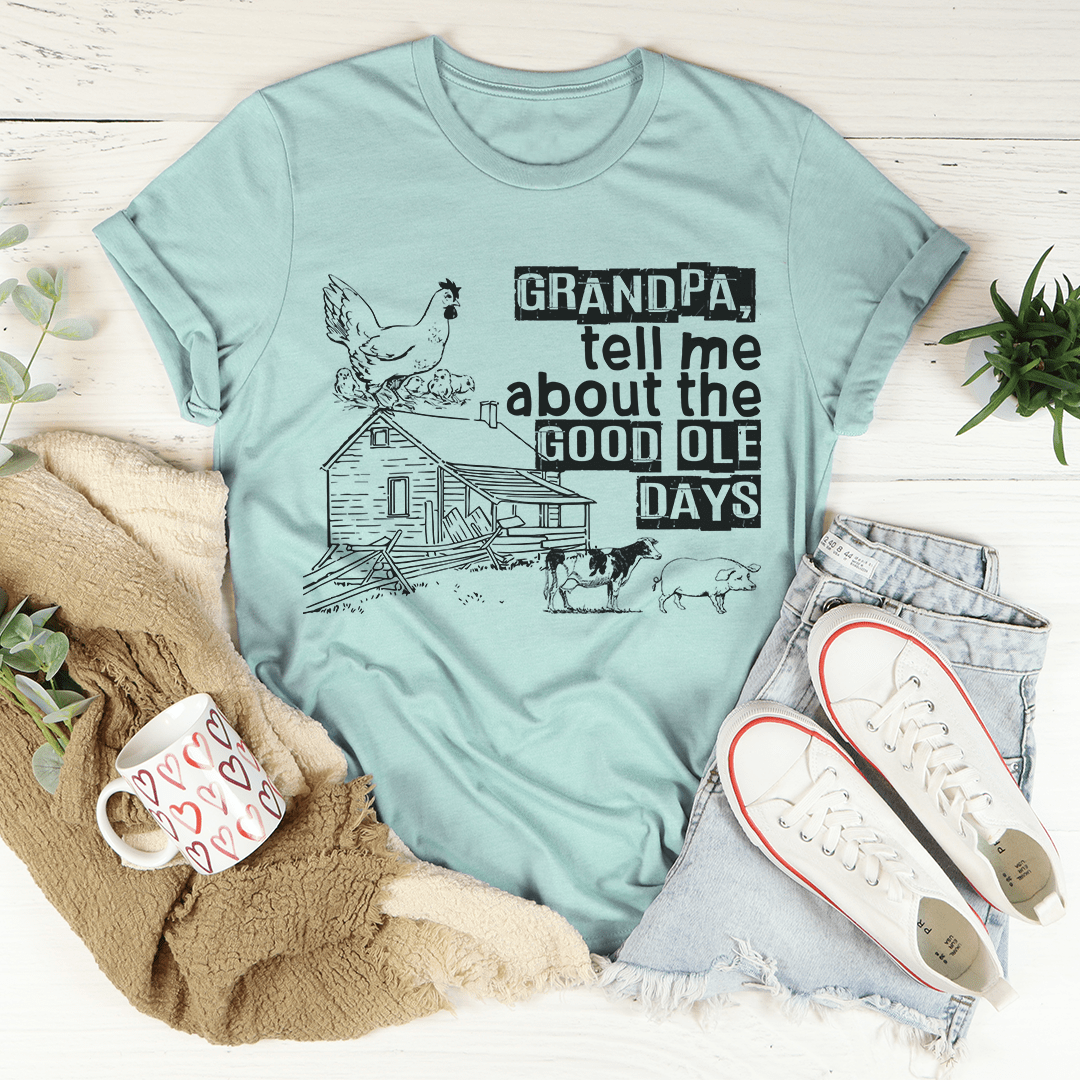 Light teal crewneck T-shirt with black Grandpa text and farm animals graphic