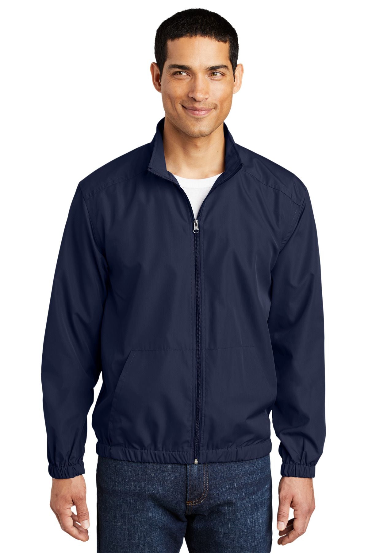 Men's essential jacket, dark navy, stand collar with elastic hem and cuffs