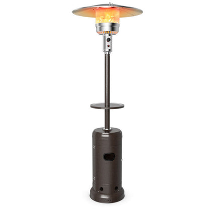 Outdoor propane patio heater with round table base and dark steel cylinder
