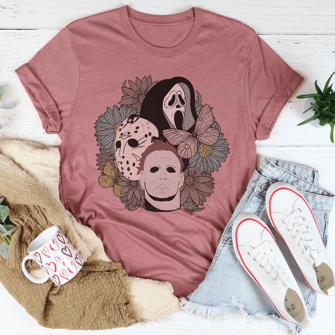 Heather mauve boys floral graphic T-shirt with three skull-face portraits front print