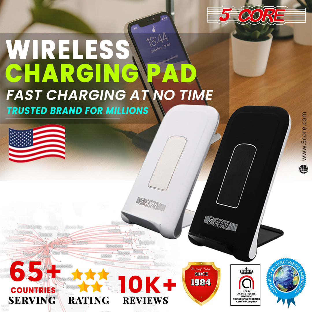 Wireless charging pad stand pair in white and black with smartphone dock