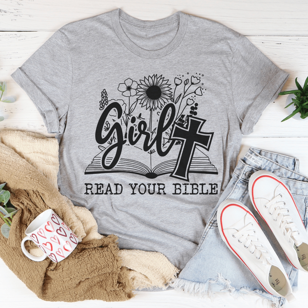 Girl 'Read Your Bible' T-shirt, heather gray, book-and-cross graphic with flowers