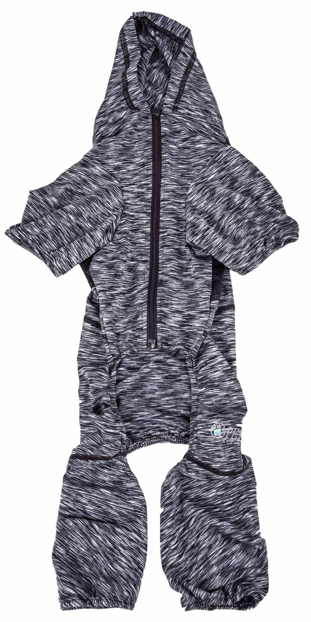 Zip-front heathered dog hoodie with hood and front pouch pocket; full-body fit