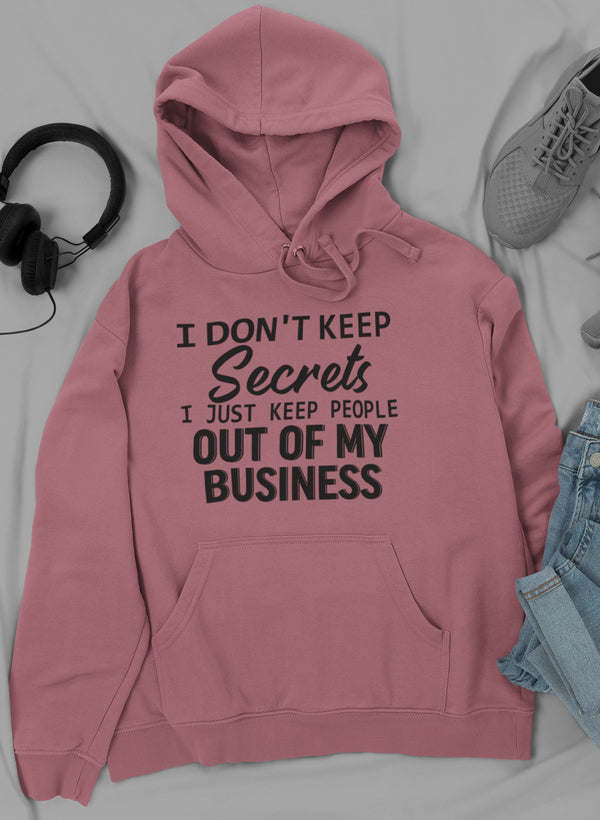 Mauve pullover hoodie with hood, drawstrings, kangaroo pocket, front graphic text