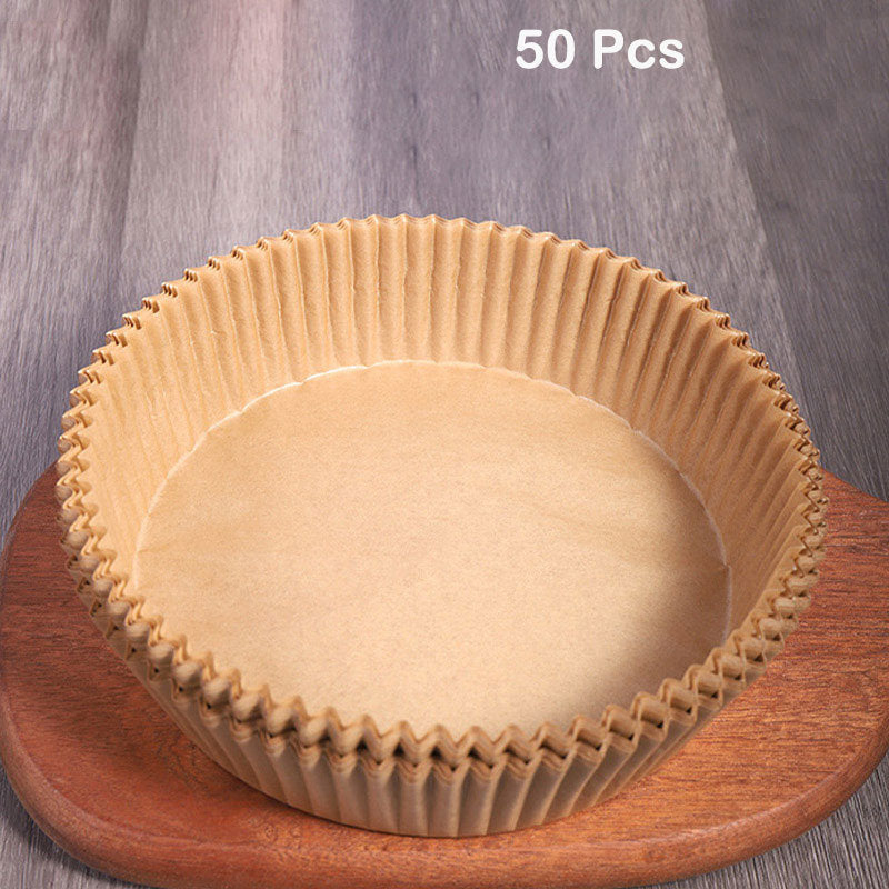 Round beige paper liner mat for air fryer basket, 50 pcs, non-stick baking steamer liners