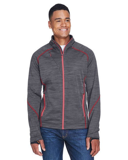 Charcoal bonded fleece jacket with red center zip and piping, front view