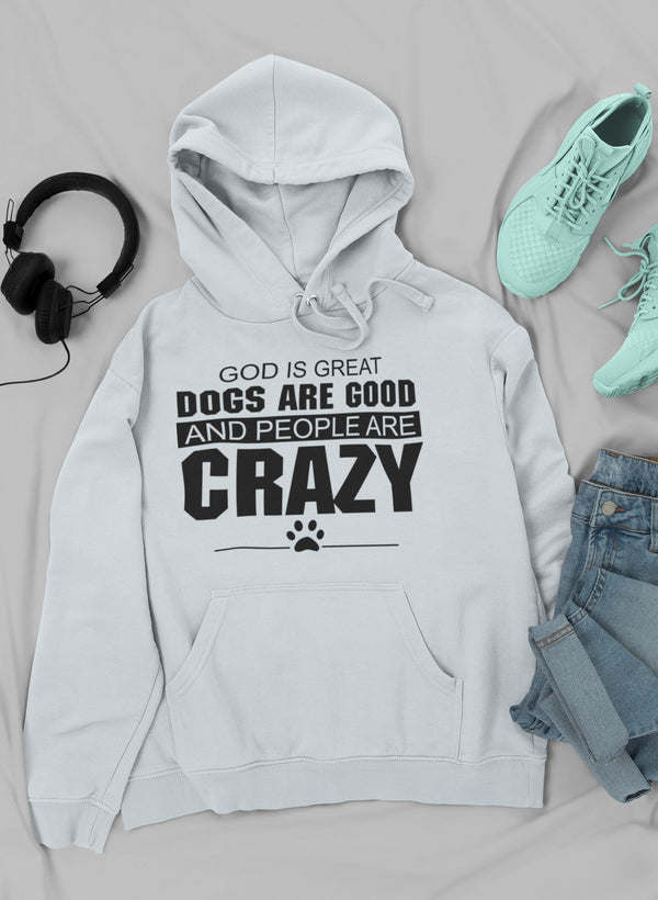 Light gray hoodie with hood and front paw-print slogan graphic