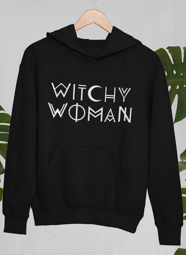 Black hoodie with large WITCHY WOMAN typography, front pocket, and hood