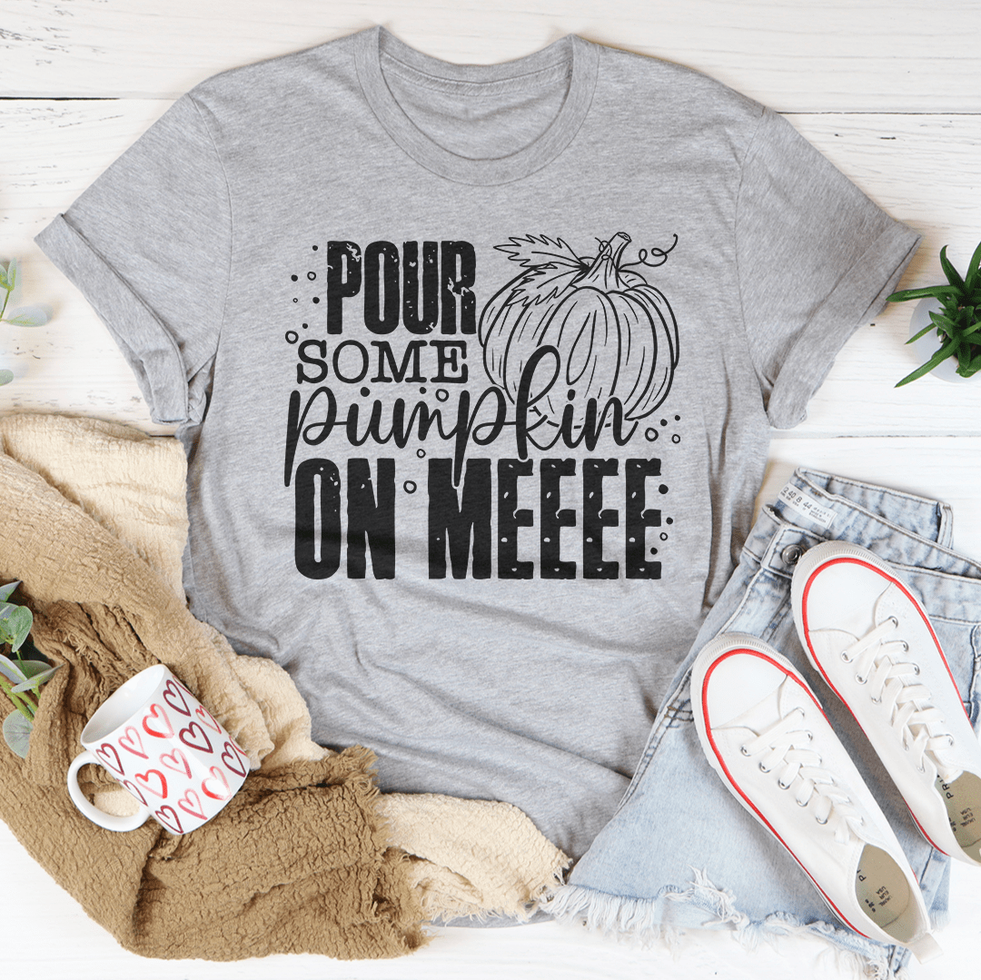 Grey T-shirt with 'Pour Some Pumpkin' on Melee front graphic print