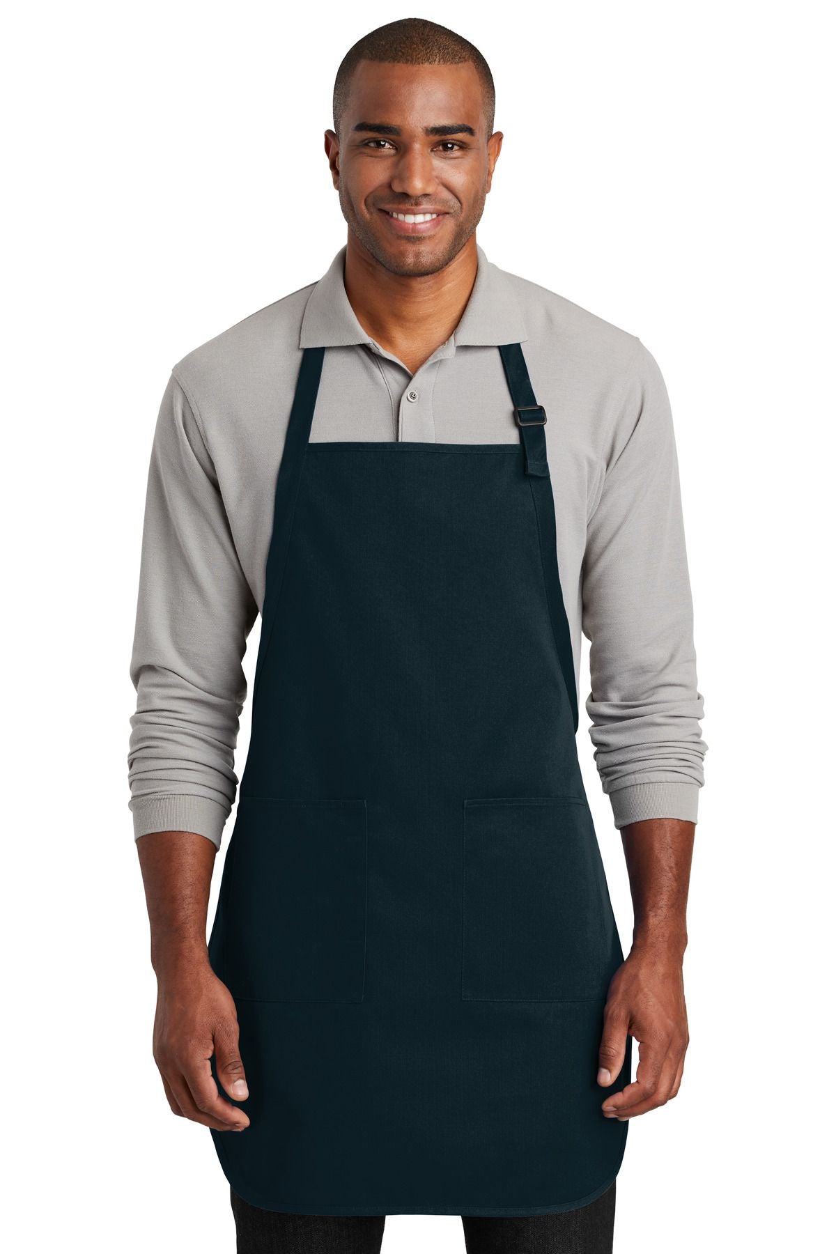 Full-length two-pocket bib apron, navy, with neck strap and two front pockets.