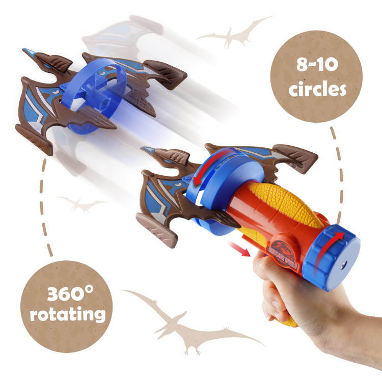 Rocket launcher airplane toy held in hand, orange foam projectile with blue launcher ring.