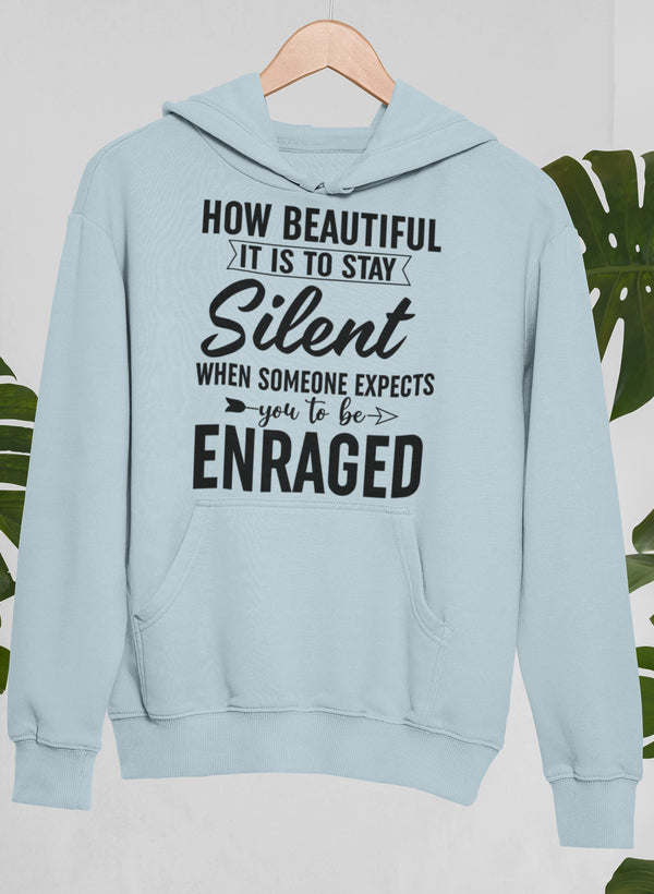 Light blue hoodie with front pocket and “Silent” graphic text on chest