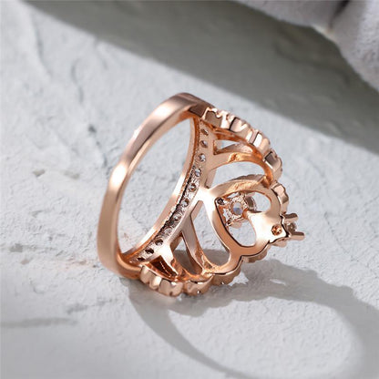 Rose gold openwork heart crown ring with small crystal accents