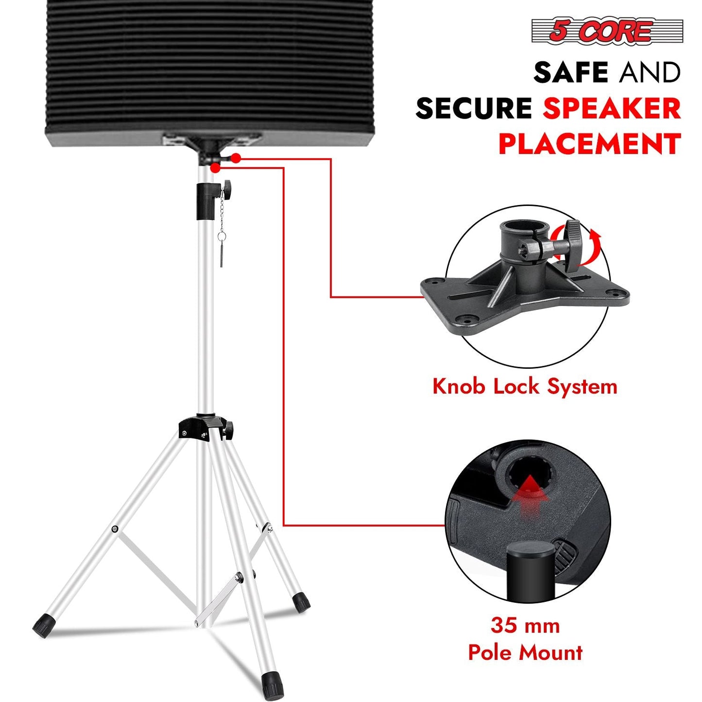 5 Core Speaker Stand Tripod Floor Tall Adjustable Up to 72 Inch DJ Studio Monitor Stands Pole Mount - SS ECO 1PK WOB