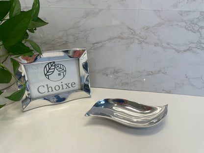 Wavy snack nut bowl, reflective silver aluminum with Choixe logo