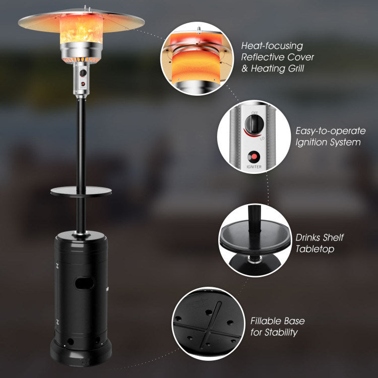 Black propane patio heater shown with control panel and round tabletop base