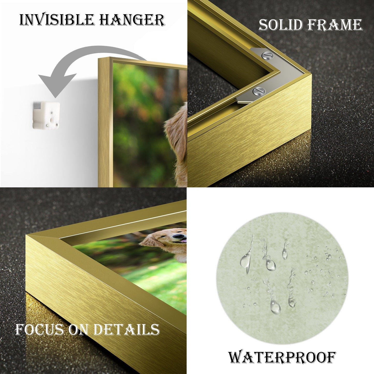 Close-up of gold picture frame showing hidden hanging hardware.