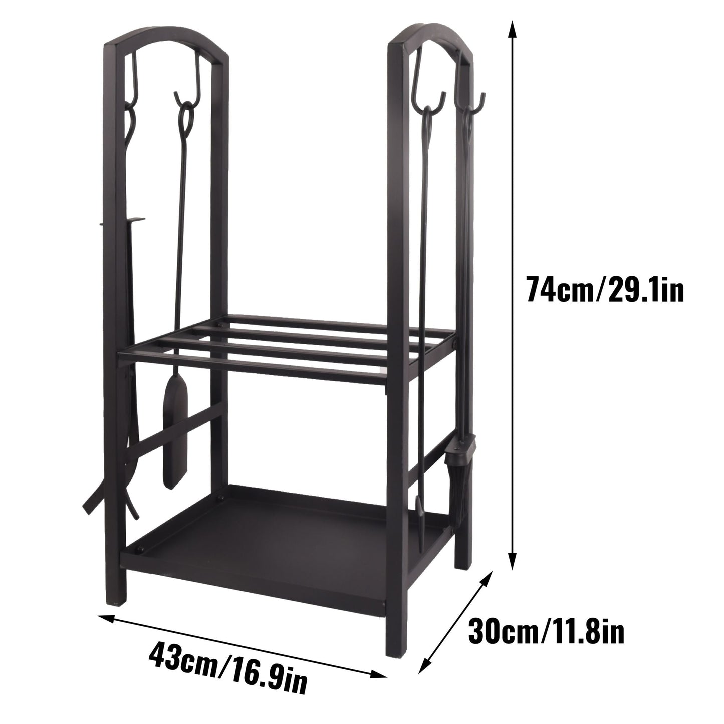 Black metal firewood rack with dual shelves and front log access