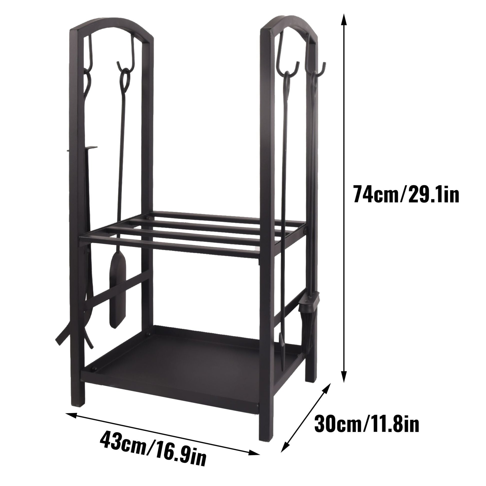 Black metal firewood rack with dual shelves and front log access