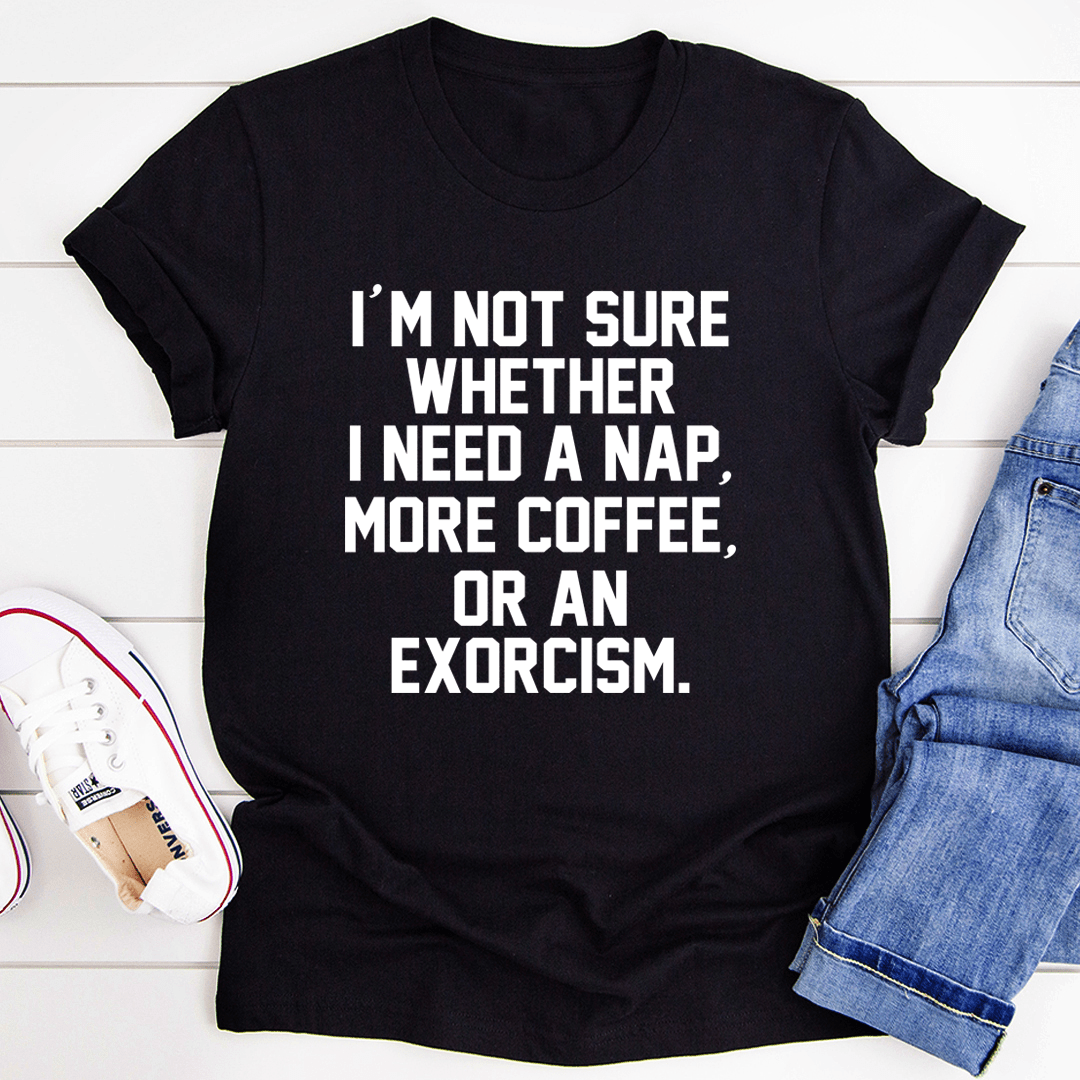 Black T-shirt with crew neck and large white quote in center