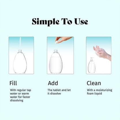 Handwash soap tablet use steps: fill, add, dissolve, clean with foam liquid