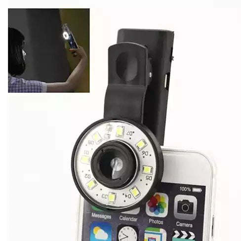 Clip-on LED selfie light with wide-angle lens ring, black phone attachment