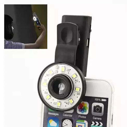 Clip-on LED selfie light with wide-angle lens ring, black phone attachment