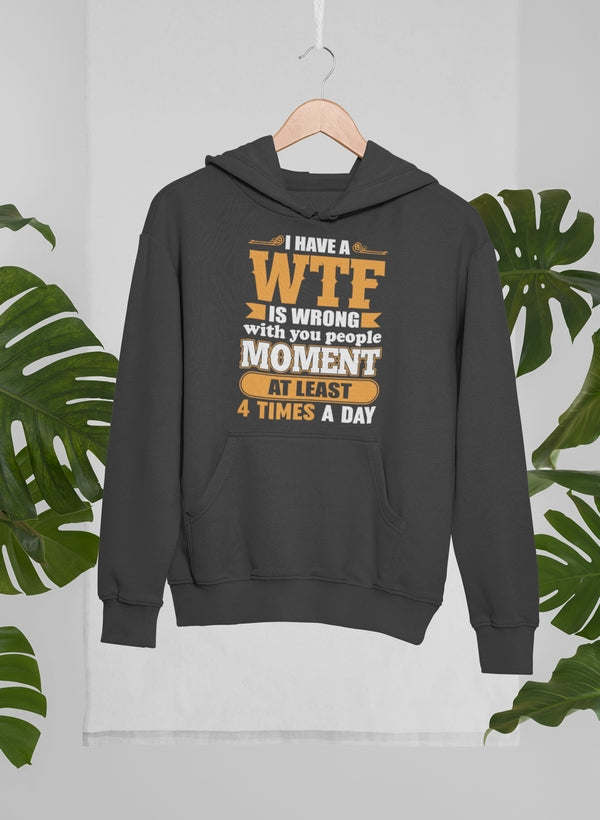 Charcoal pullover hoodie with chest text graphic and front kangaroo pocket