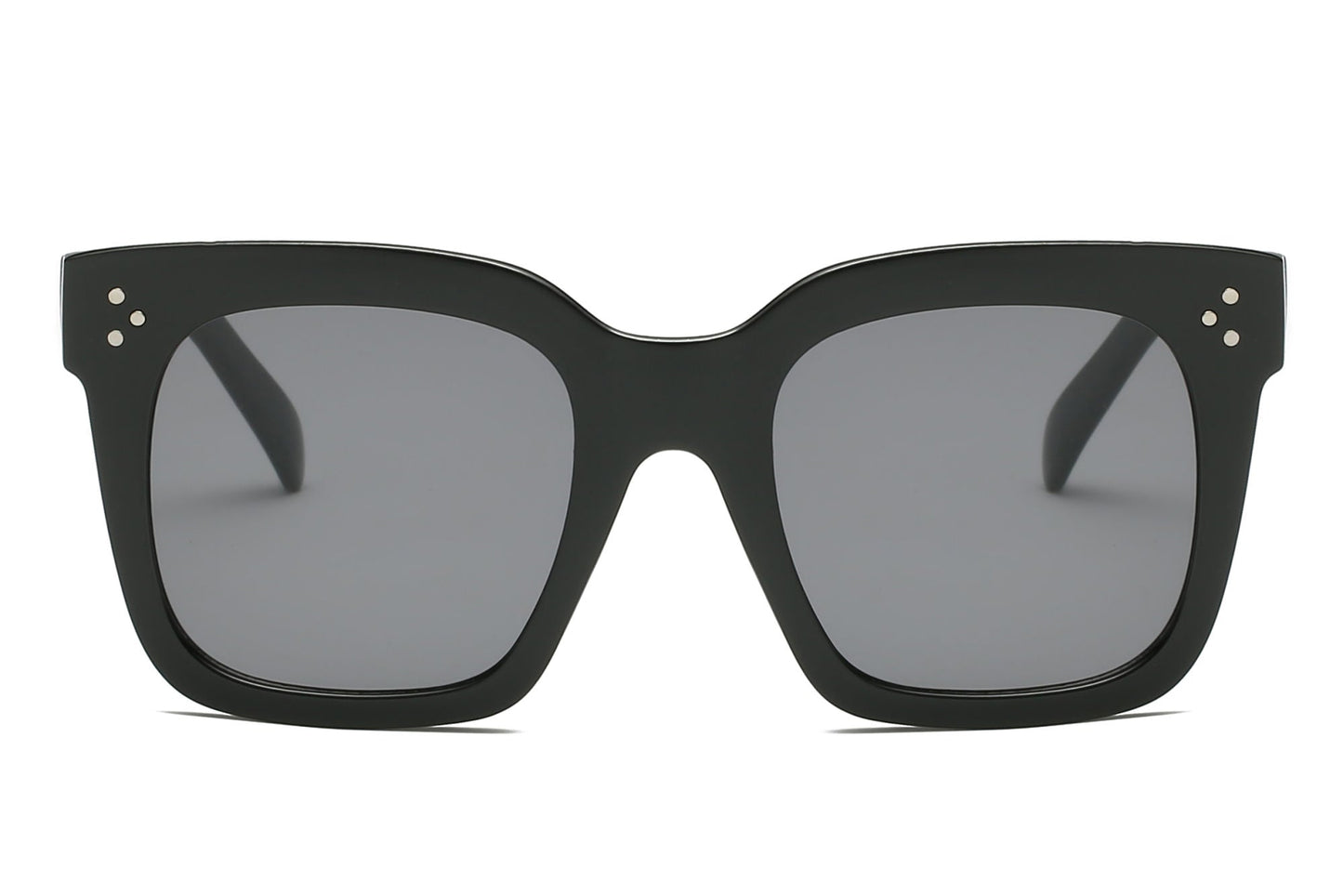 Black square flat-top sunglasses with dark gray lenses, stud details on temples