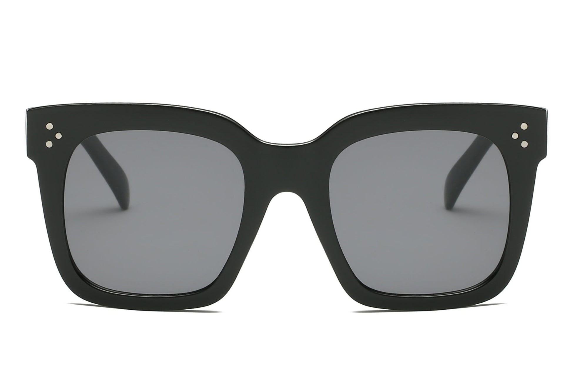 Black square flat-top sunglasses with dark gray lenses, stud details on temples
