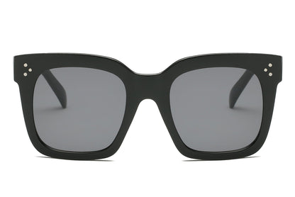 Black square flat-top sunglasses with dark gray lenses, stud details on temples