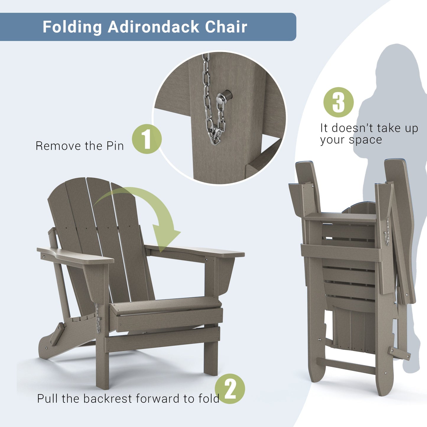 Folding Adirondack-style patio chair shown folding with chained pins and side frame panels.