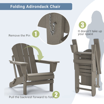 Folding Adirondack-style patio chair shown folding with chained pins and side frame panels.
