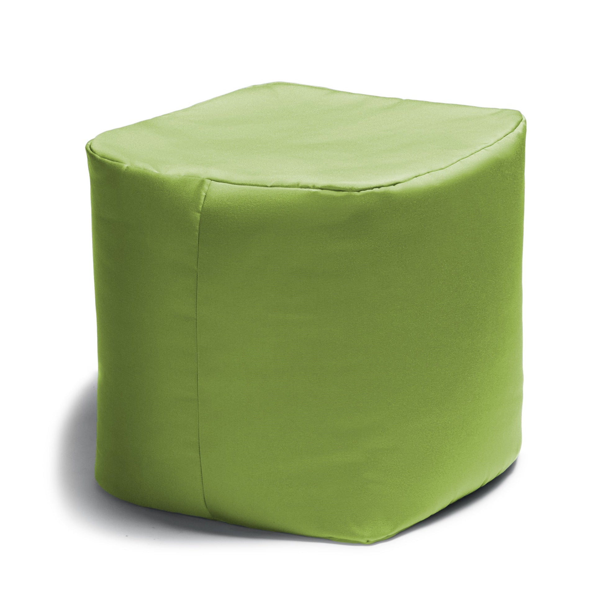Lime outdoor bean bag ottoman with square top and smooth side panel seams.