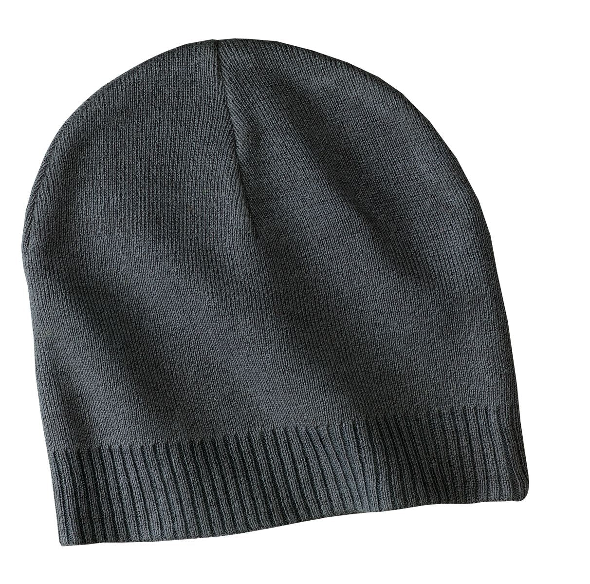 Graphite cotton beanie with ribbed knit cuff and folded hem.