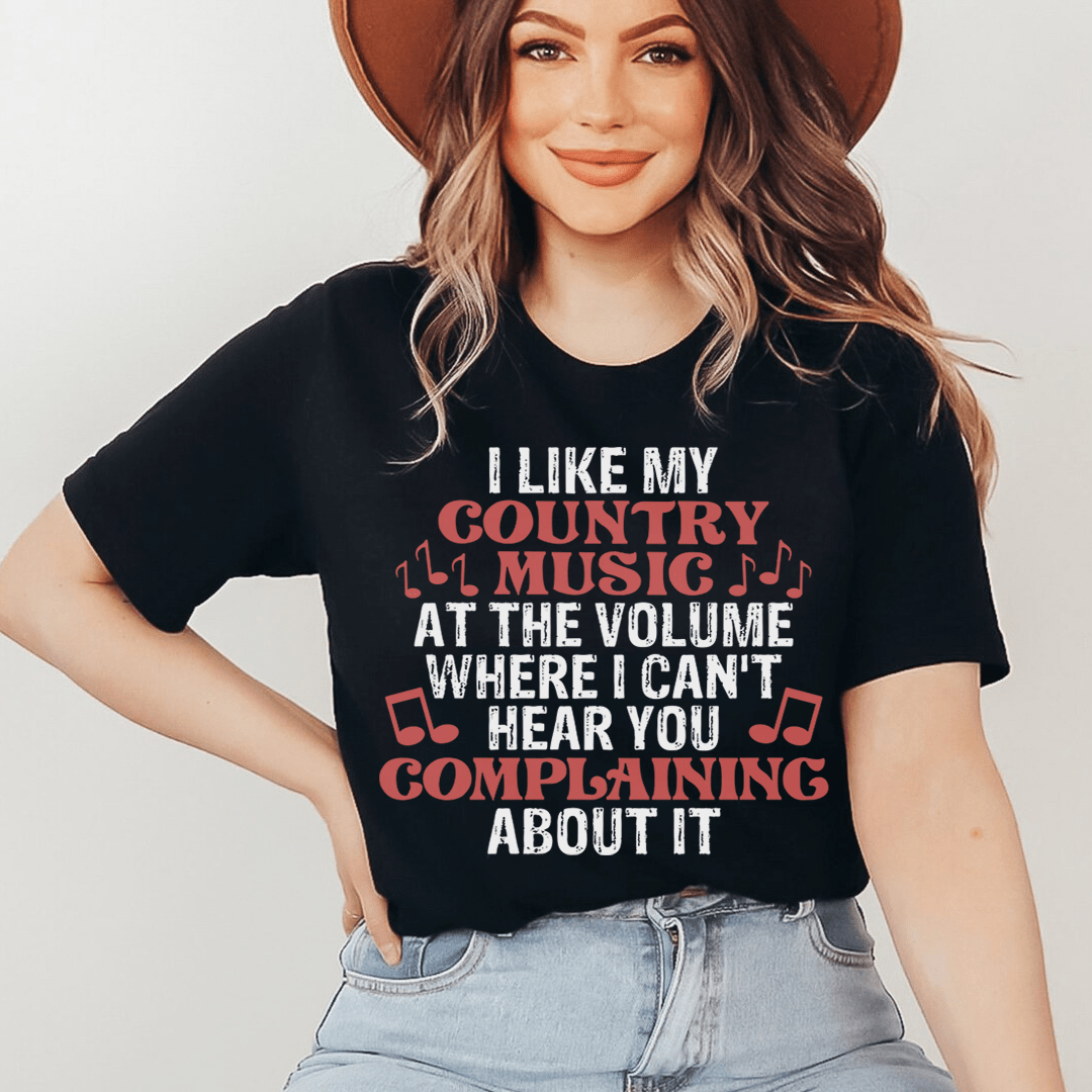 Black crew-neck graphic T-shirt worn by model with country music slogan in red and black