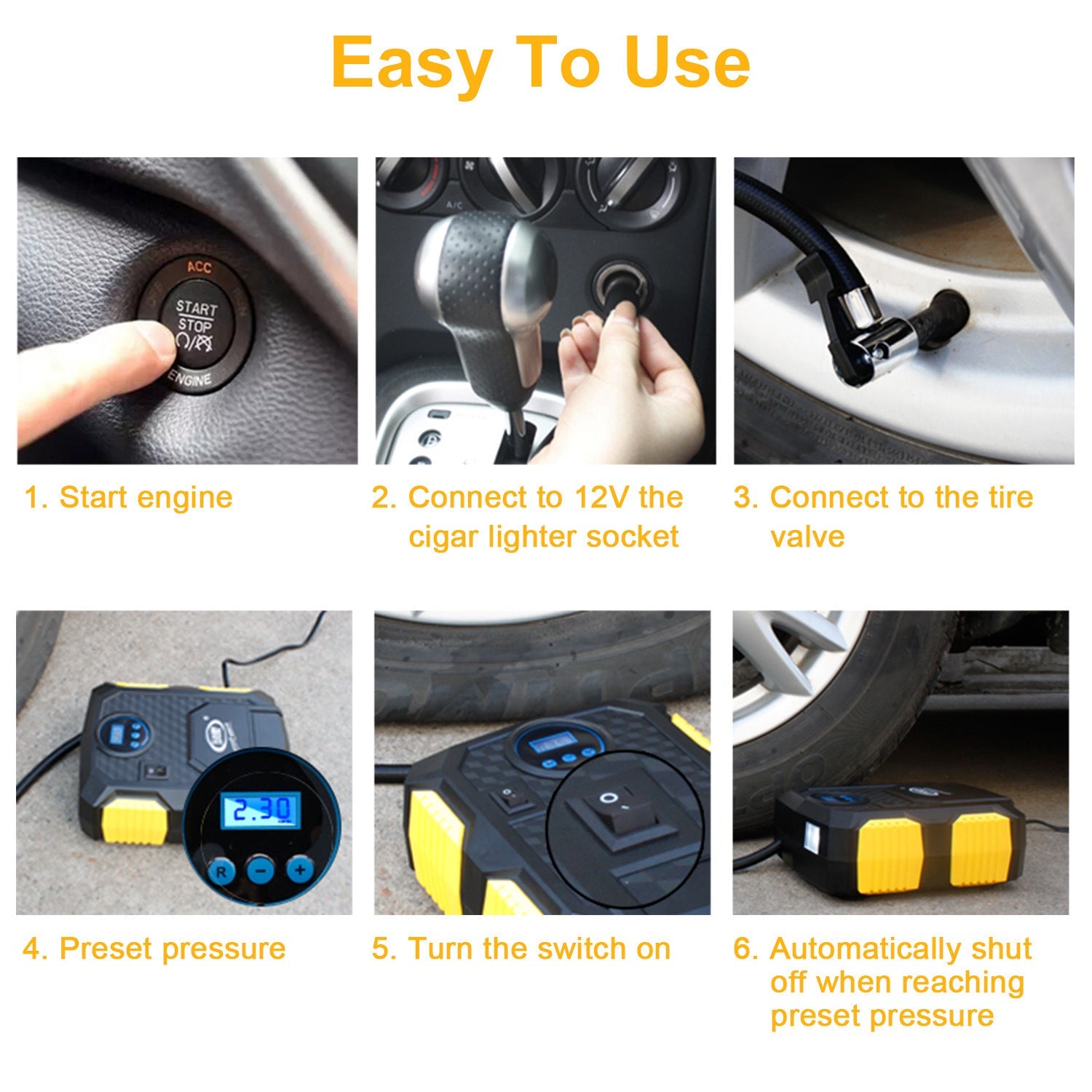 12V tire inflator pump with control buttons and auto shutoff when reaching preset pressure