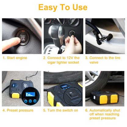 12V tire inflator pump with control buttons and auto shutoff when reaching preset pressure