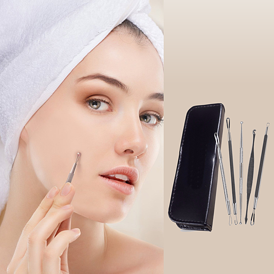 Facial blemish removal tool set with metal tips and zip case, shown in use