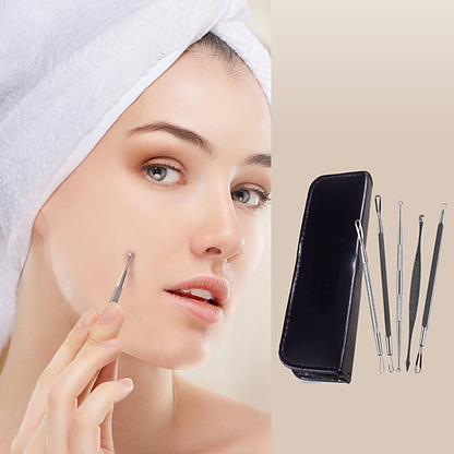 Facial blemish removal tool set with metal tips and zip case, shown in use