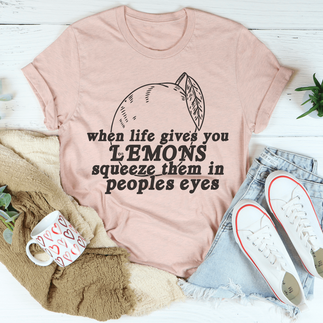 Blush crewneck T-shirt with lemon graphic and slogan text