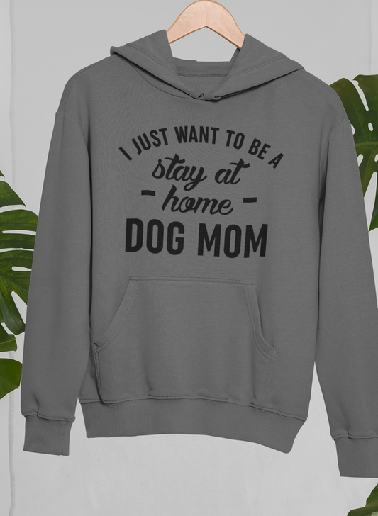 Dark heather dog mom hoodie with 'Stay at home' and 'DOG MOM' graphic, front pocket