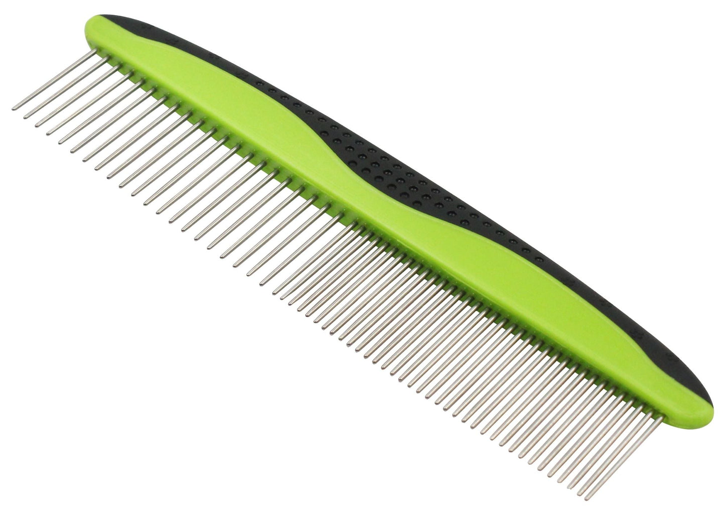 Green pet grooming comb with wide and narrow metal teeth