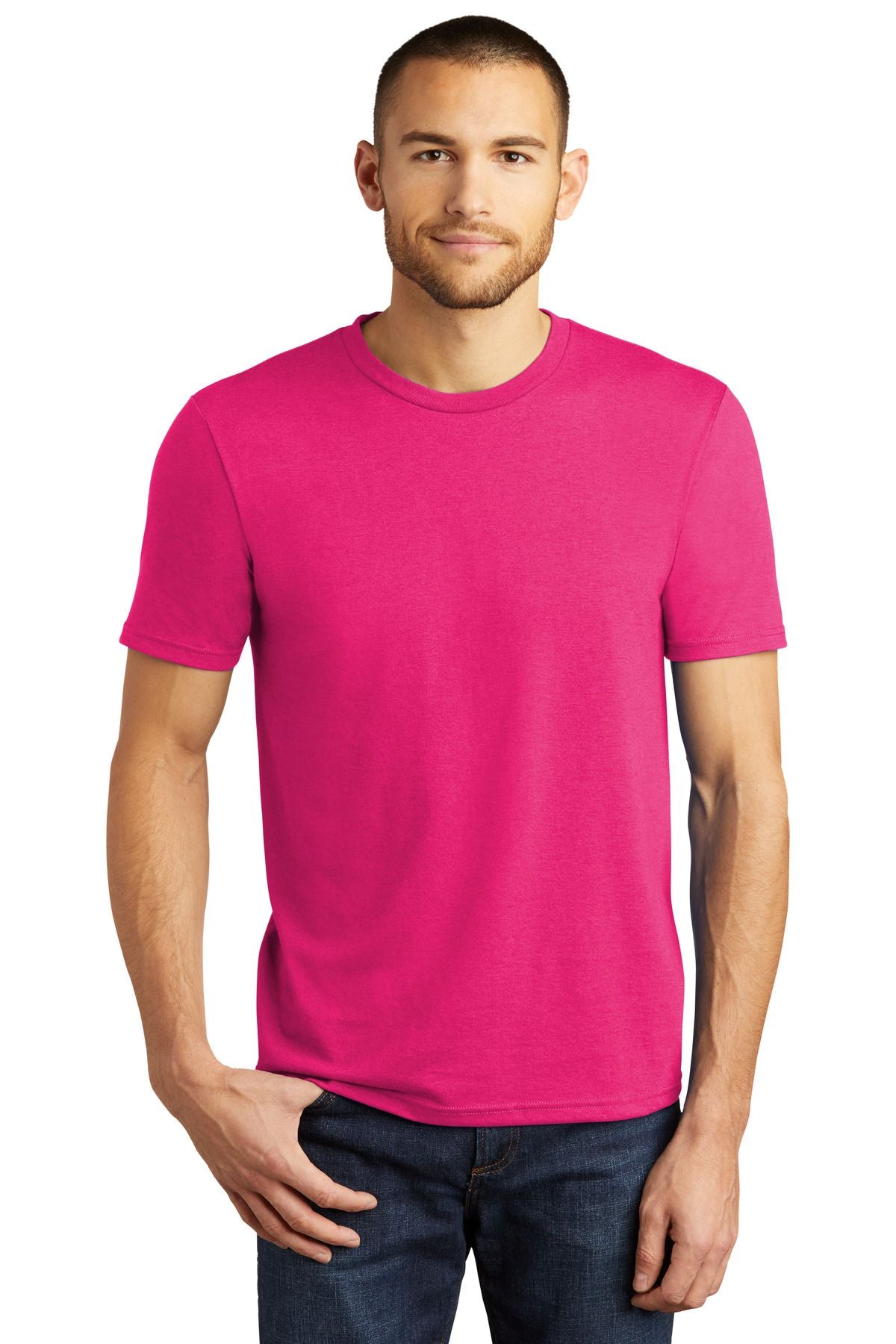 Crewneck tri-blend tee in bright pink, short sleeves, straight hem.