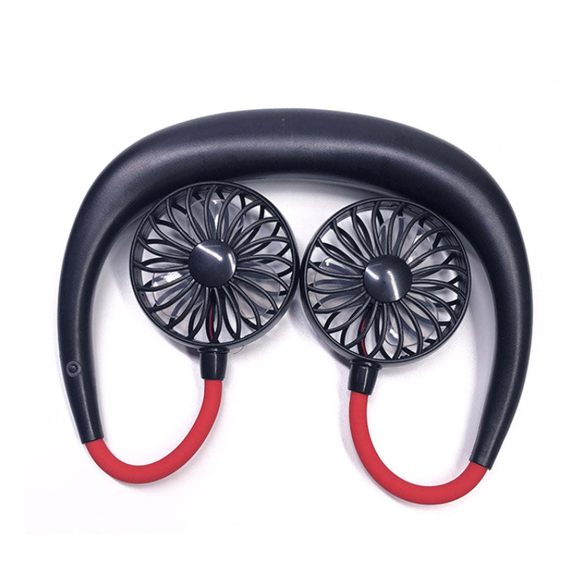 Mini cordless neck fan close-up with dark headband, red straps, and two black fans